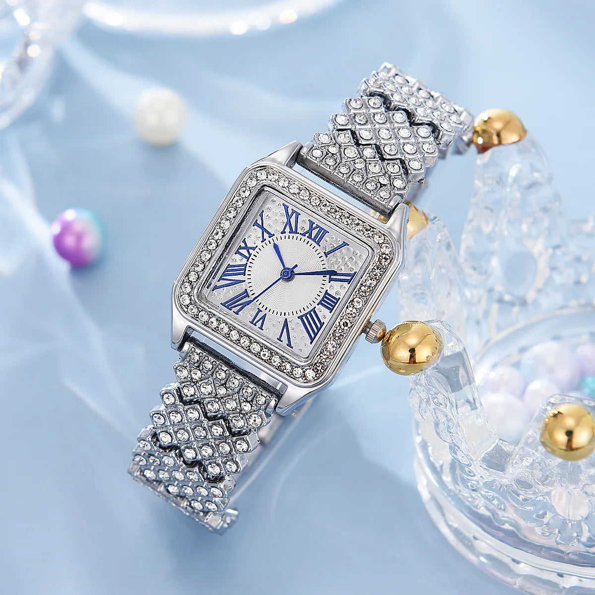 Fashion Roman Full Diamond Square Ladies Watch Female Watch Quartz Watch Bracelet Necklace Ring Earrings Set Without Box
