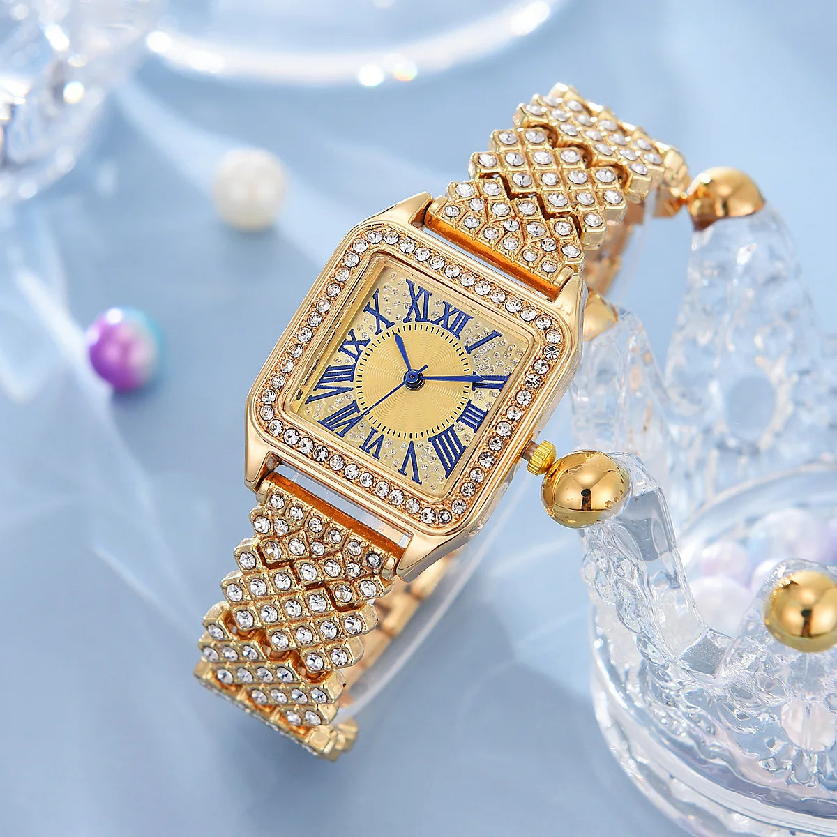 Fashion Roman Full Diamond Square Ladies Watch Female Watch Quartz Watch Bracelet Necklace Ring Earrings Set Without Box