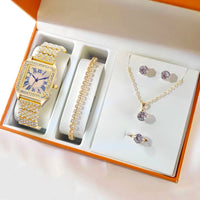 Fashion Roman Full Diamond Square Ladies Watch Female Watch Quartz Watch Bracelet Necklace Ring Earrings Set Without Box