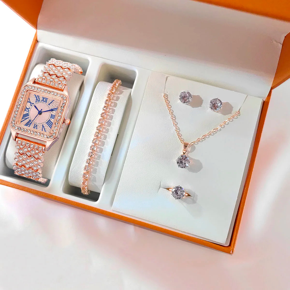 Fashion Roman Full Diamond Square Ladies Watch Female Watch Quartz Watch Bracelet Necklace Ring Earrings Set Without Box