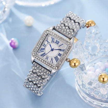 Fashion Roman Full Diamond Square Ladies Watch Female Watch Quartz Watch Bracelet Necklace Ring Earrings Set Without Box