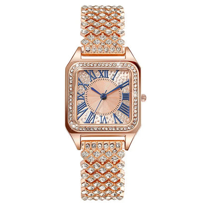 Fashion Roman Full Diamond Square Ladies Watch Female Watch Quartz Watch Bracelet Necklace Ring Earrings Set Without Box