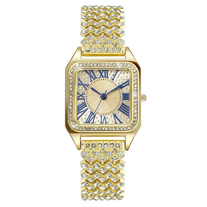 Fashion Roman Full Diamond Square Ladies Watch Female Watch Quartz Watch Bracelet Necklace Ring Earrings Set Without Box