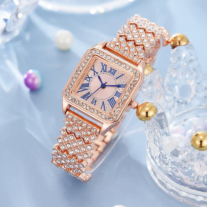 Fashion Roman Full Diamond Square Ladies Watch Female Watch Quartz Watch Bracelet Necklace Ring Earrings Set Without Box