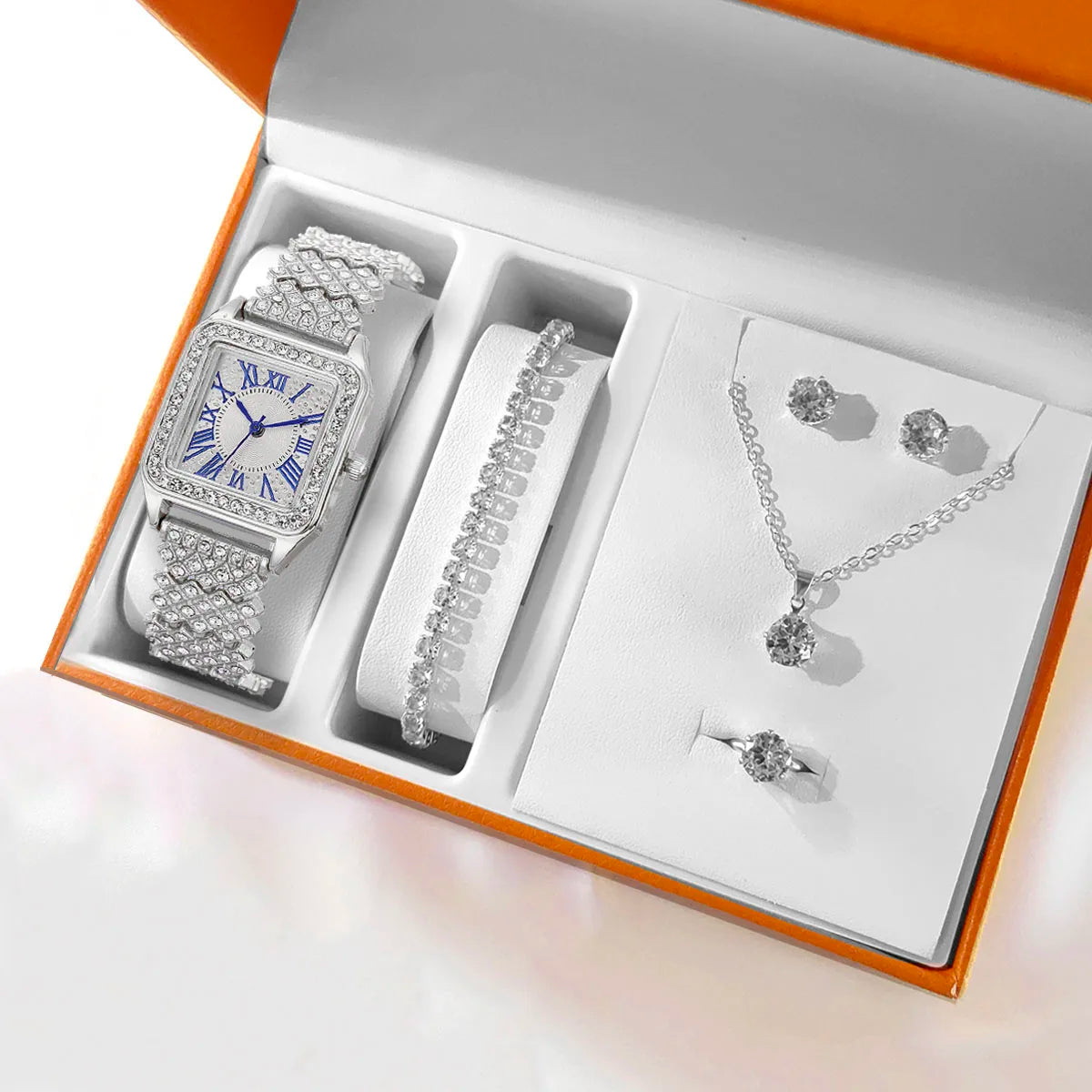 Fashion Roman Full Diamond Square Ladies Watch Female Watch Quartz Watch Bracelet Necklace Ring Earrings Set Without Box