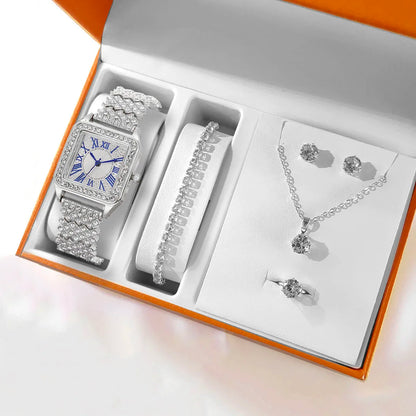 Fashion Roman Full Diamond Square Ladies Watch Female Watch Quartz Watch Bracelet Necklace Ring Earrings Set Without Box